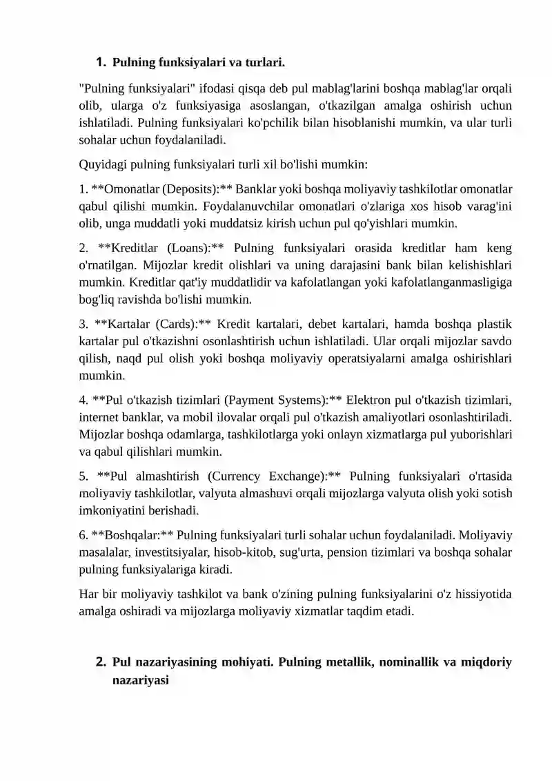 Pulning funksiyalari va turlari