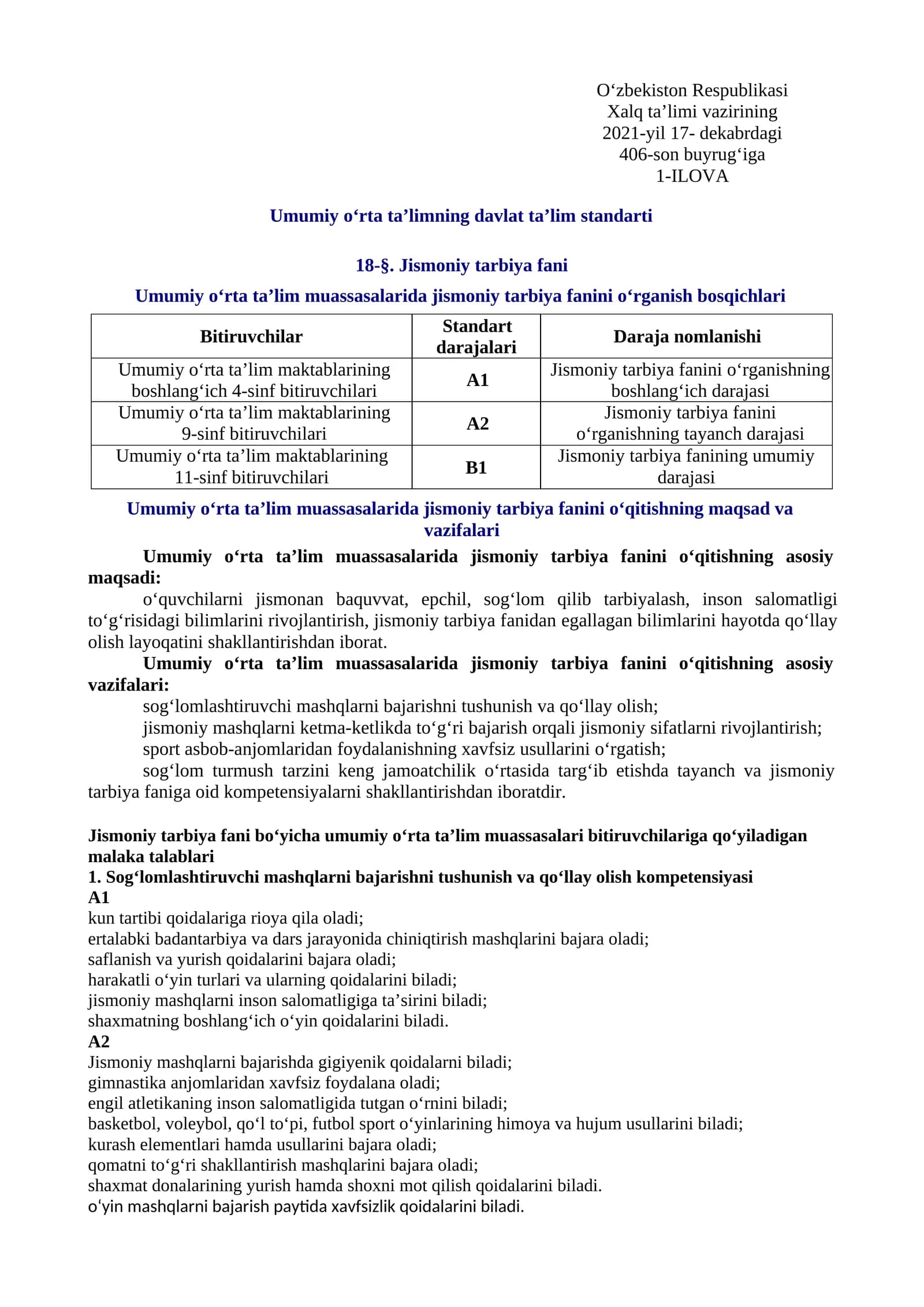 Jismoniy tarbiya fani (Umumiy o‘rta ta’limning davlat ta’lim standarti)