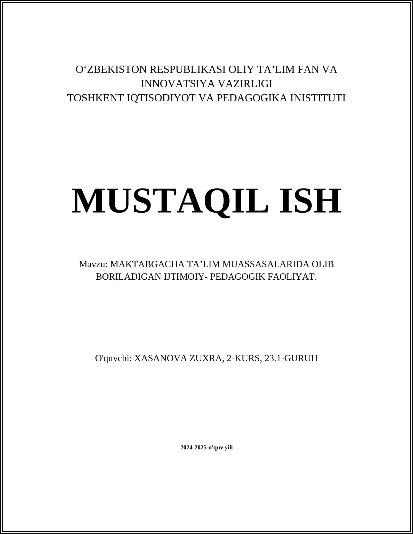 MAKTABGACHA TA’LIM MUASSASALARIDA OLIB BORILADIGAN IJTIMOIY- PEDAGOGIK FAOLIYAT
