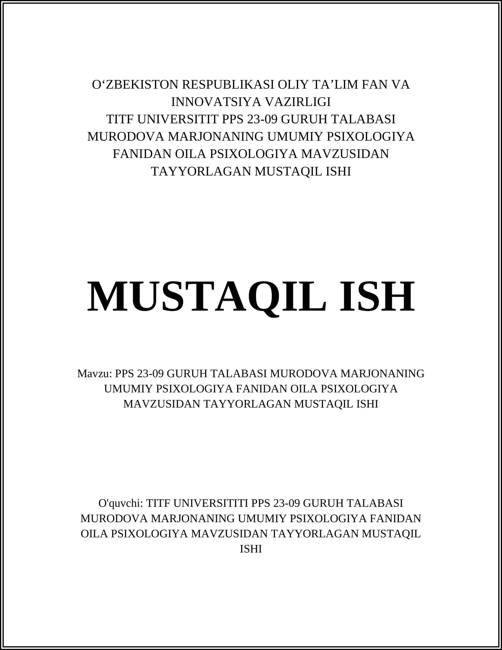 Oila Psixologiyasi Mavzusi