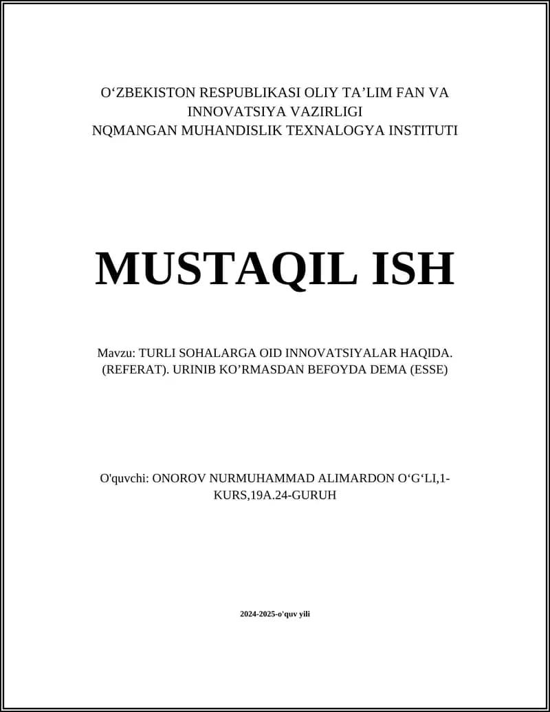 TURLI SOHALARGA OID INNOVATSIYALAR HAQIDA