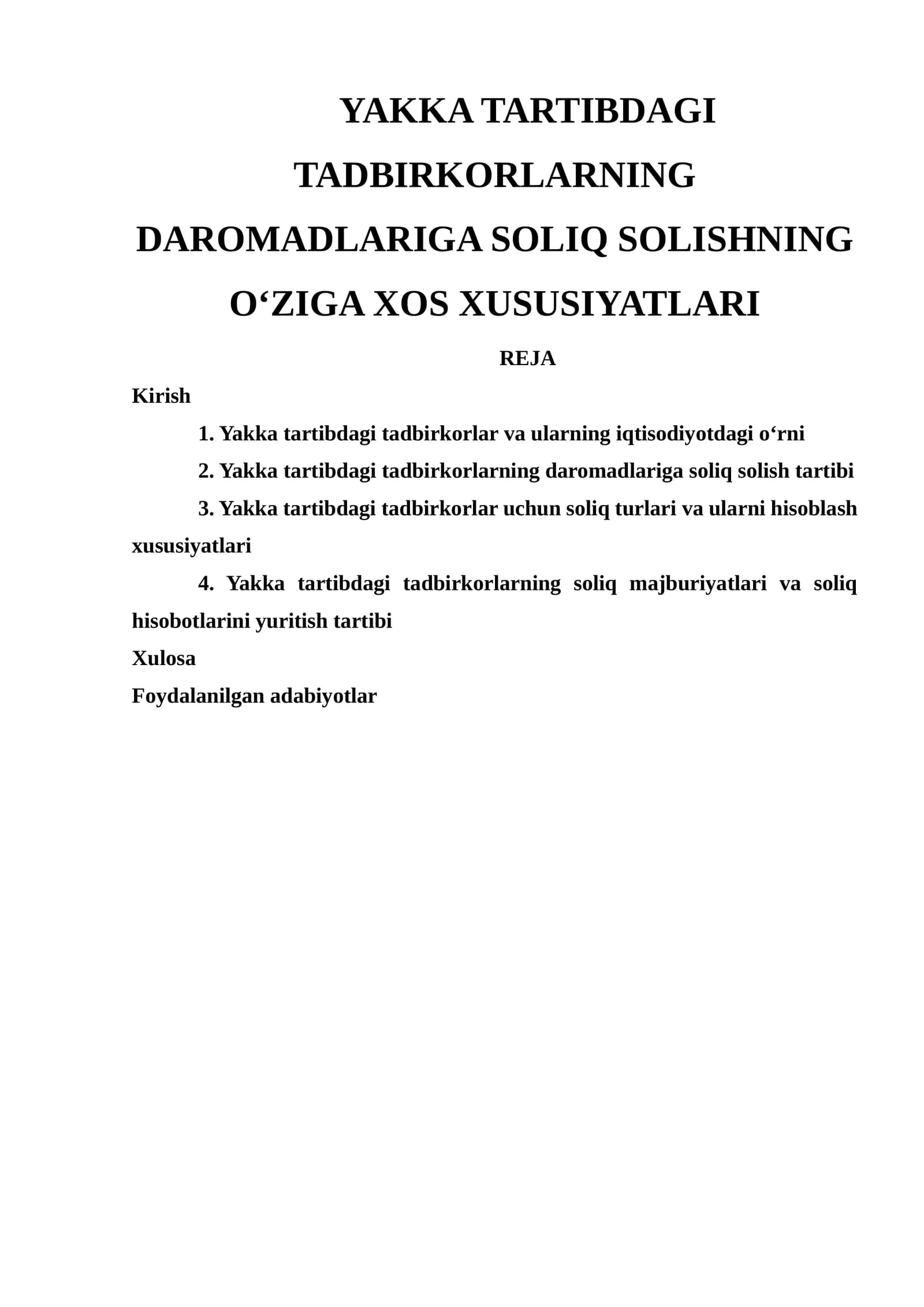 Yakka Tartibdagi Tadbirkorlarning Daromadlariga Soliq Solishning O‘ziga Xos Xususiyatlari