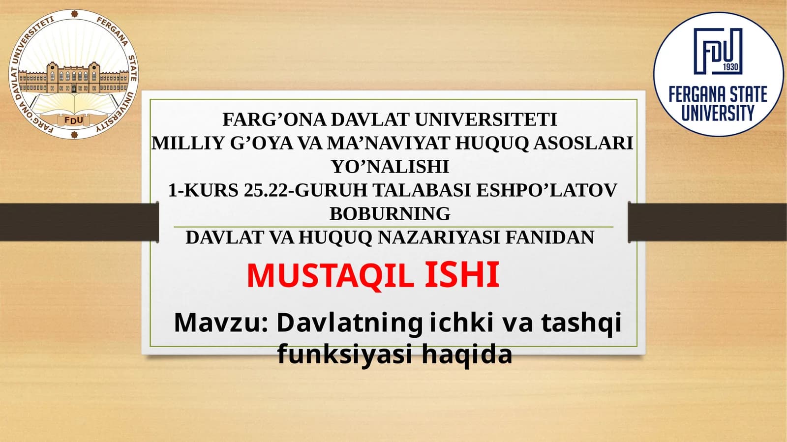 Davlatning ichki vata shqi funksiyasi haqida