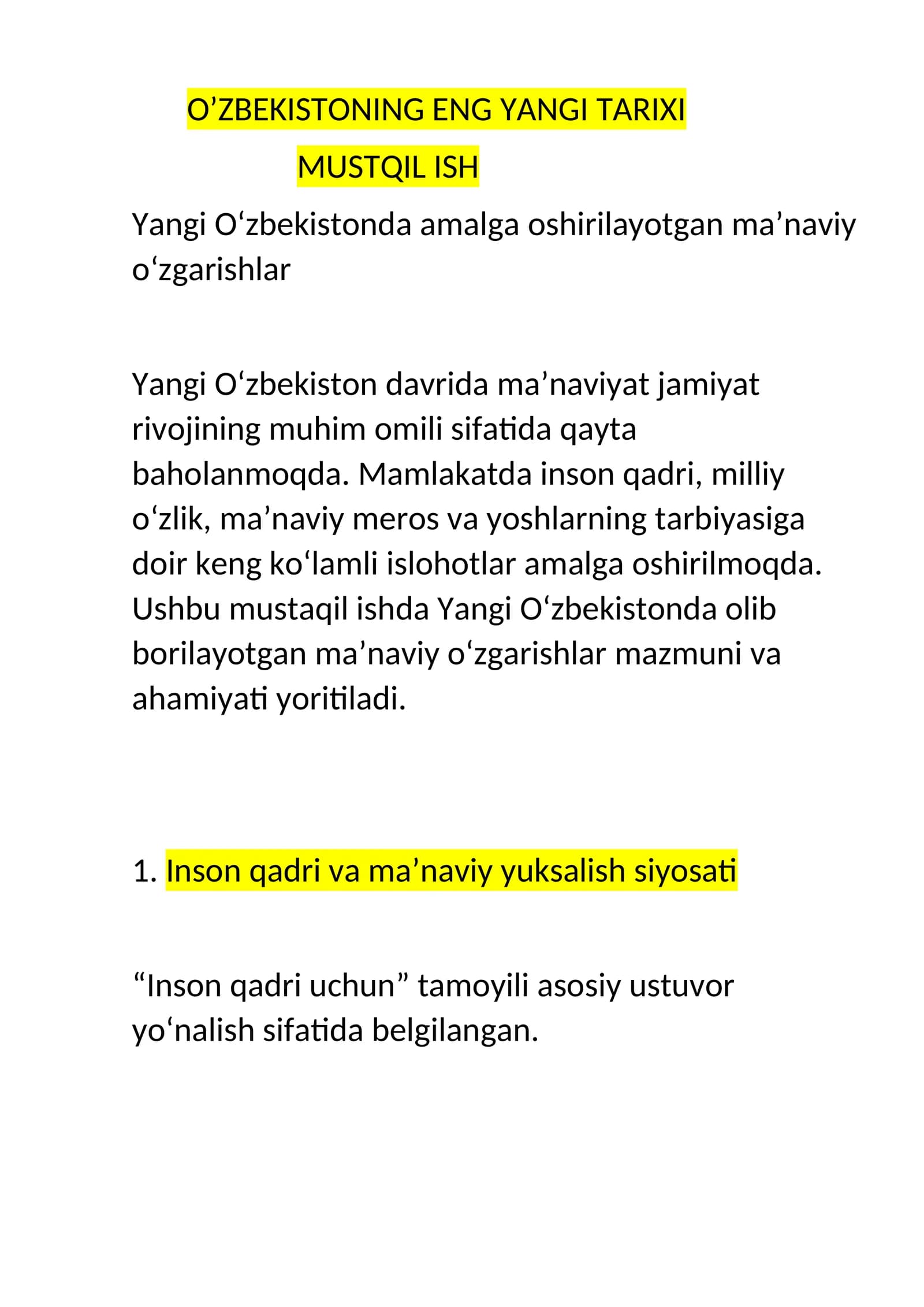 Yangi O‘zbekistonda amalga oshirilayotgan ma’naviy o‘zgarishlar