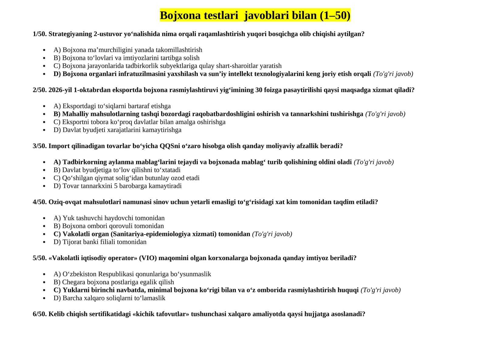 Bojxona testlari javoblari bilan (1–50)