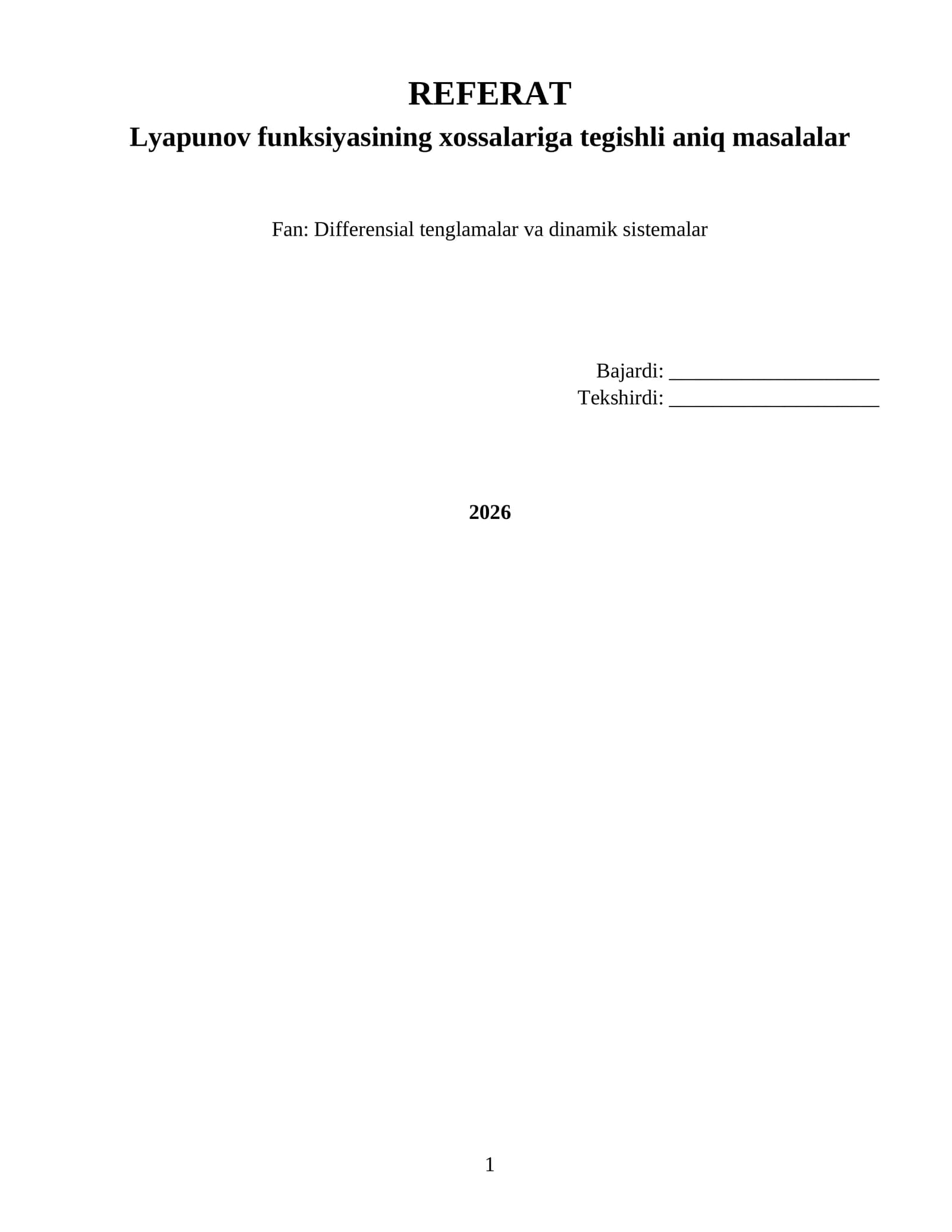 Lyapunov funksiyasining xossalariga tegishli aniq masalalar