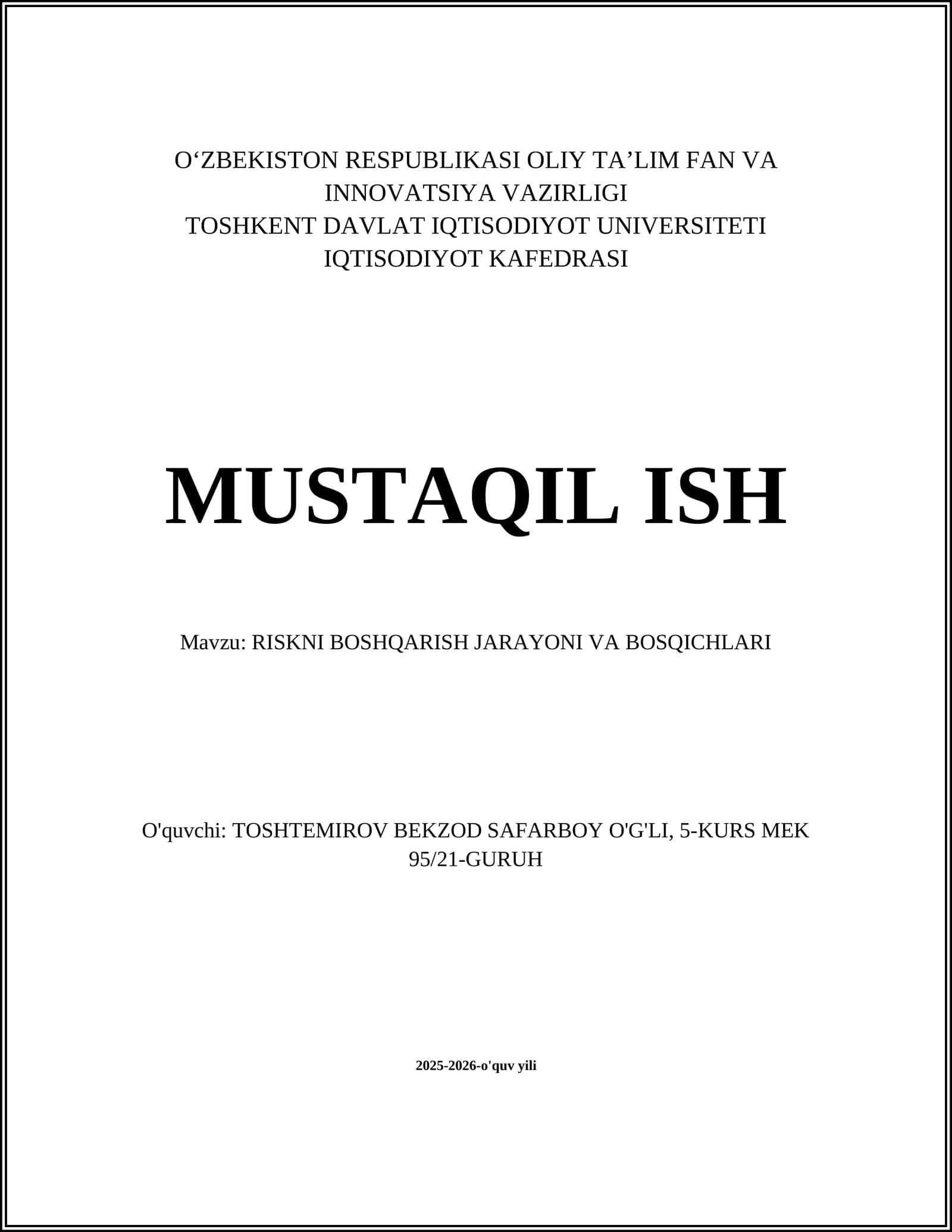 RISKNI BOSHQARISH JARAYONI VA BOSQICHLARI