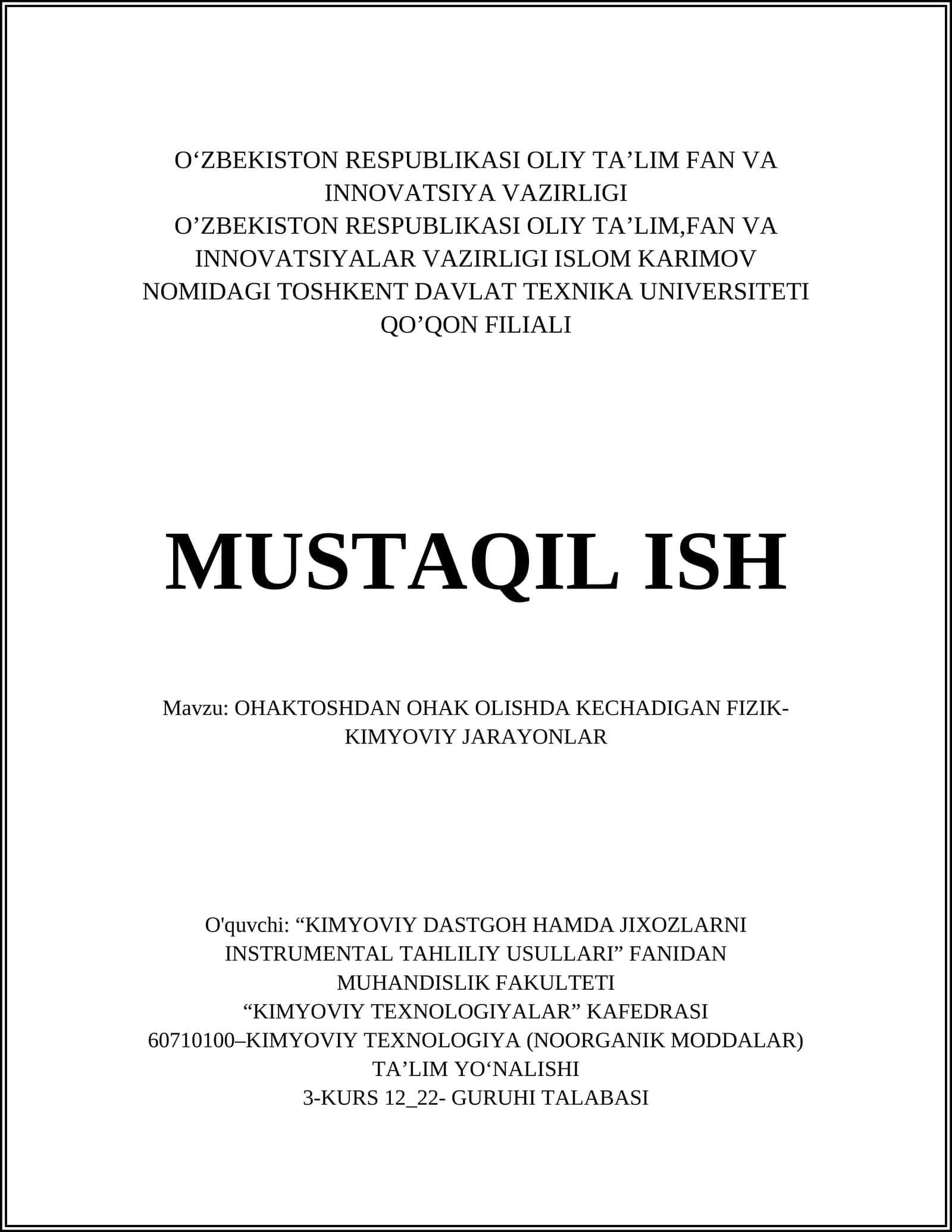 OHAKTOSHDAN OHAK OLISHDA KECHADIGAN FIZIK-KIMYOVIY JARAYONLAR