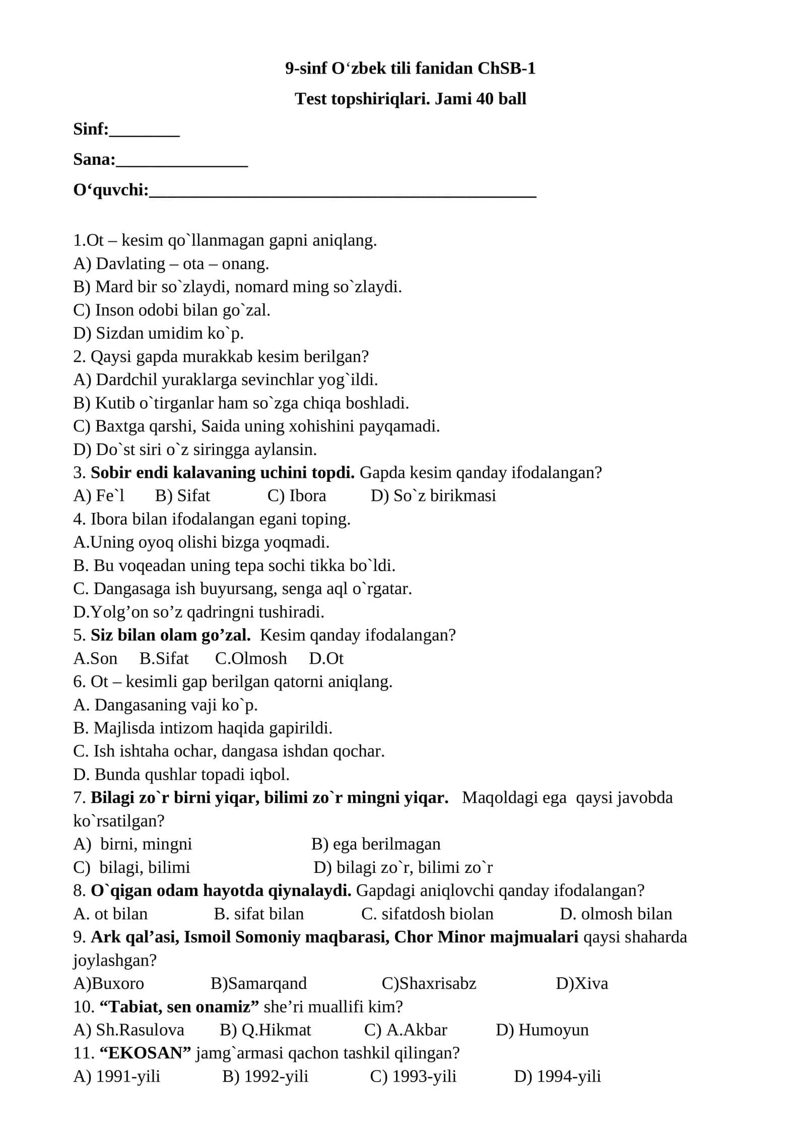 9-sinf O‘zbek tili fanidan ChSB-1