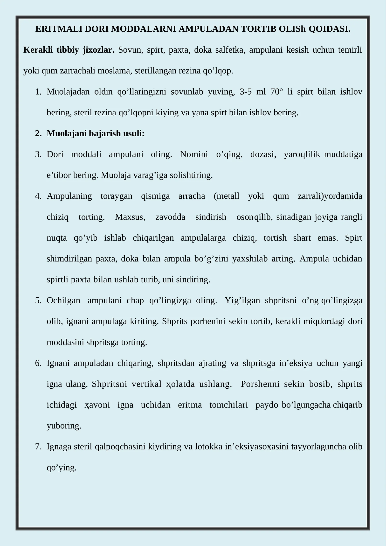 ERITMALI DORI MODDALARNI AMPULADAN TORTIB OLISh QOIDASI