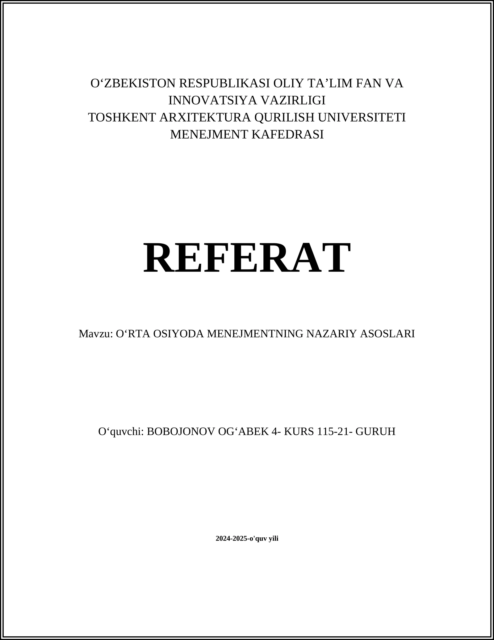 O‘RTA OSIYODA MENEJMENTNING NAZARIY ASOSLARI