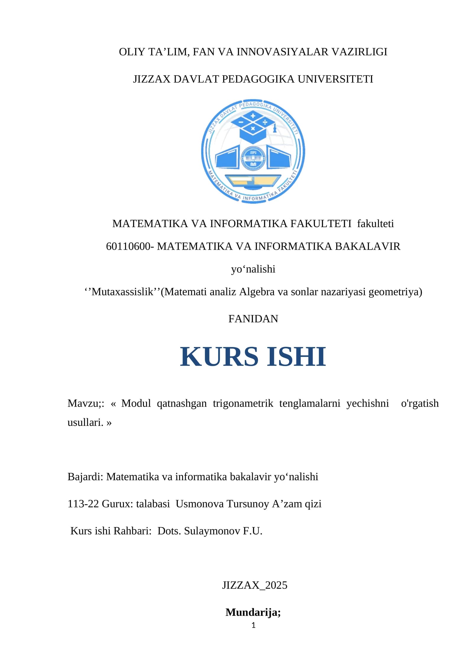Modul qatnashgan trigonometrik tenglamalarni yechishni o'rgatish usullari