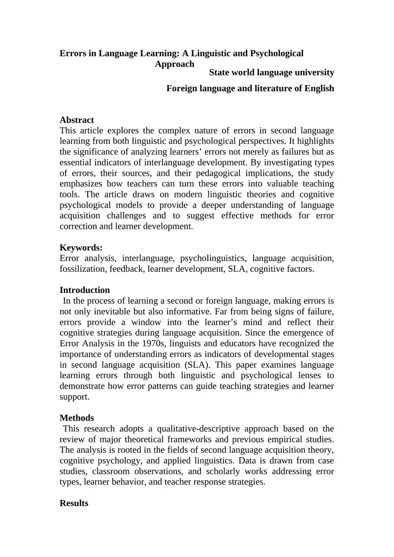 Errors in Language Learning: A Linguistic and Psychological Approach