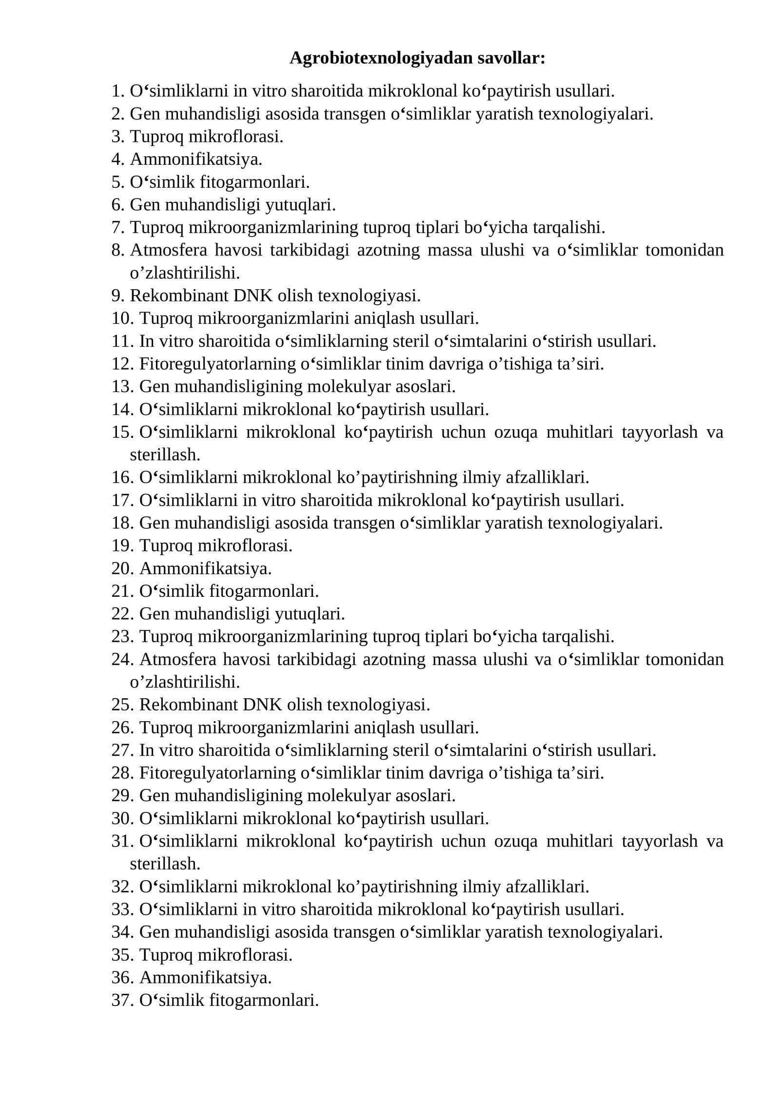 Agrobiotexnologiyadan savollar
