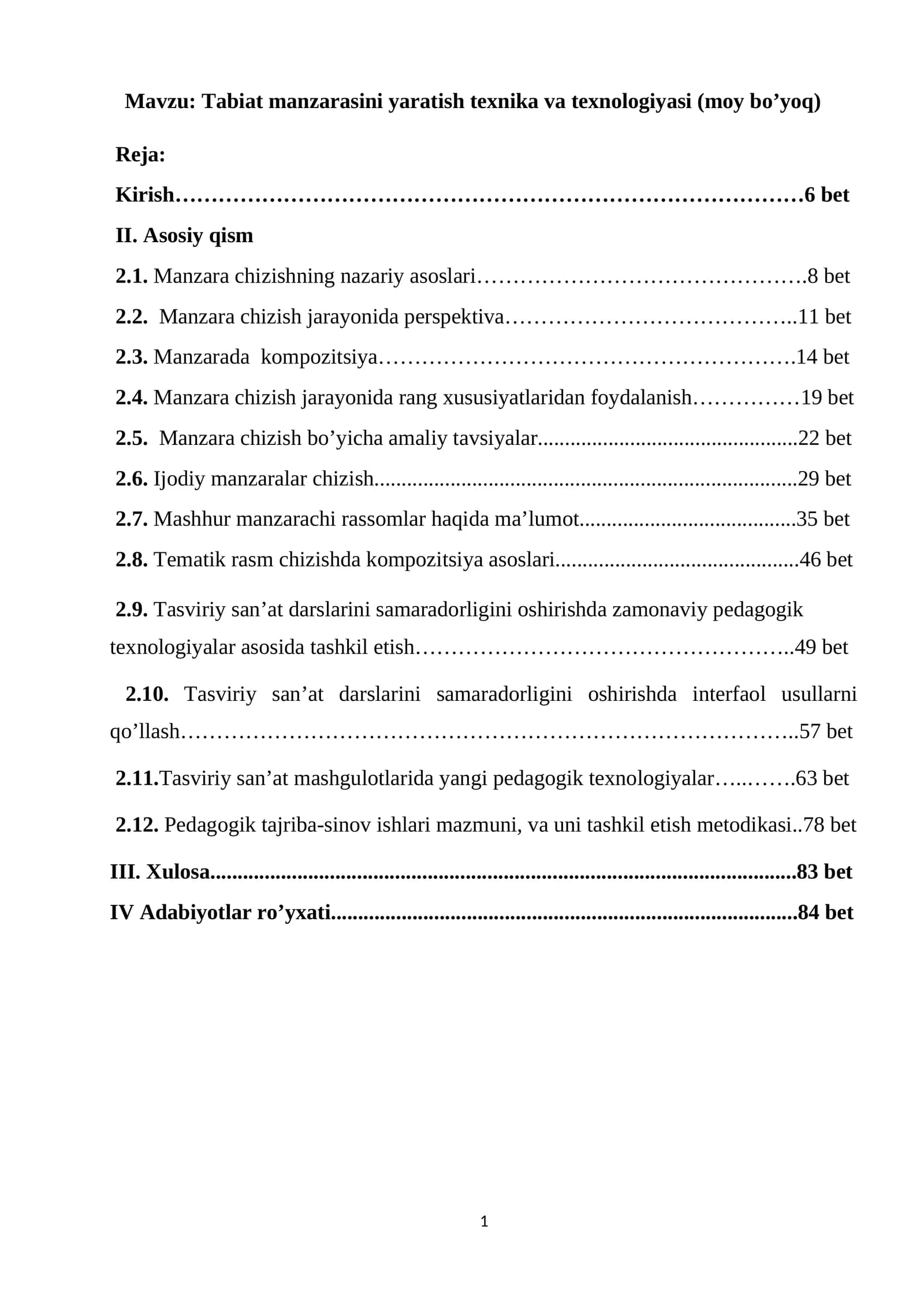 Tabiat manzarasini yaratish texnika va texnologiyasi (moy bo’yoq)