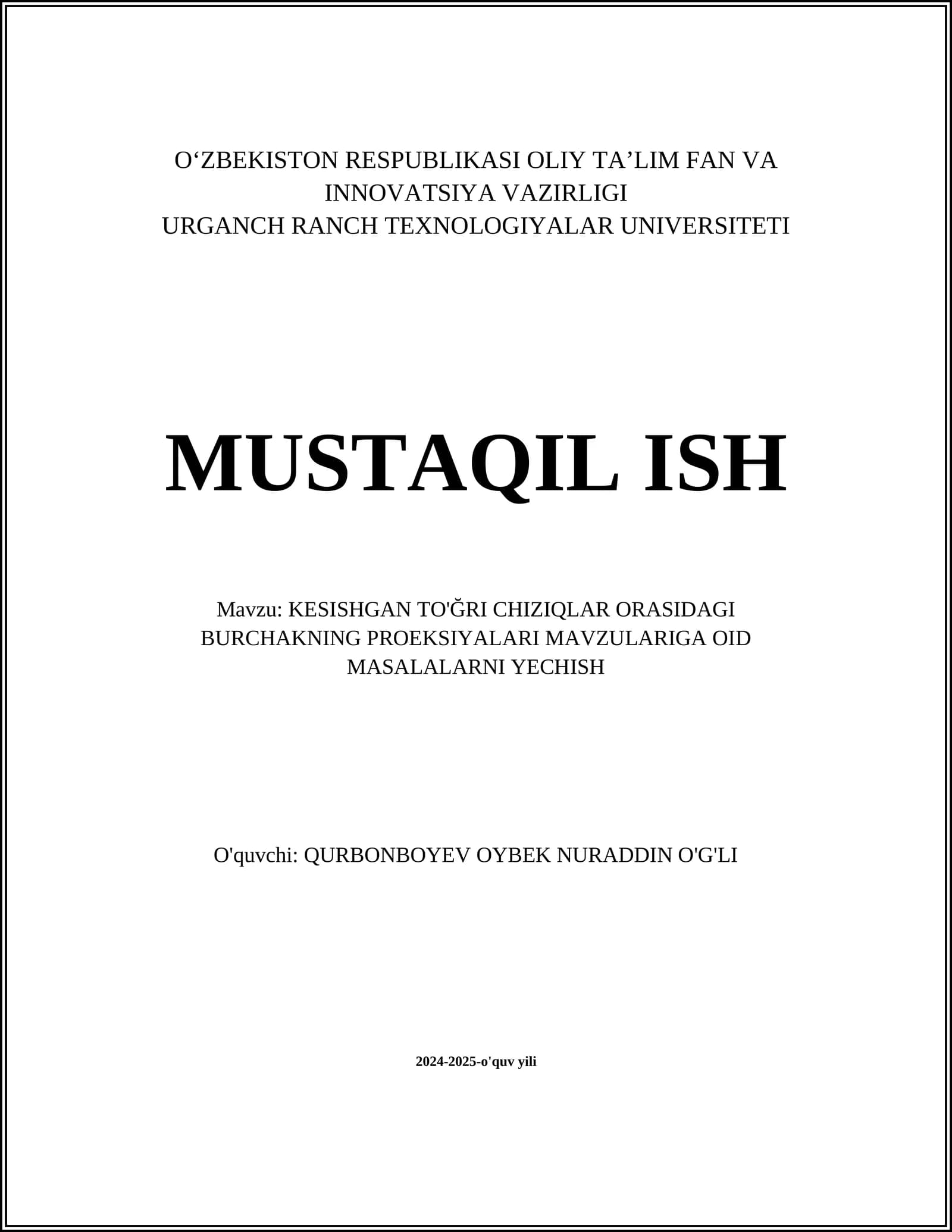 KESISHGAN TO'ĞRI CHIZIQLAR ORASIDAGI BURCHAKNING PROEKSIYALARI MAVZULARI
