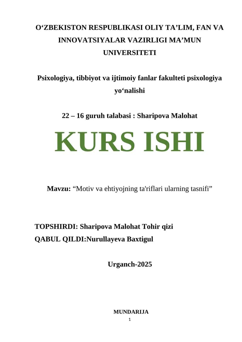 Motiv va ehtiyojning ta'riflari ularning tasnifi