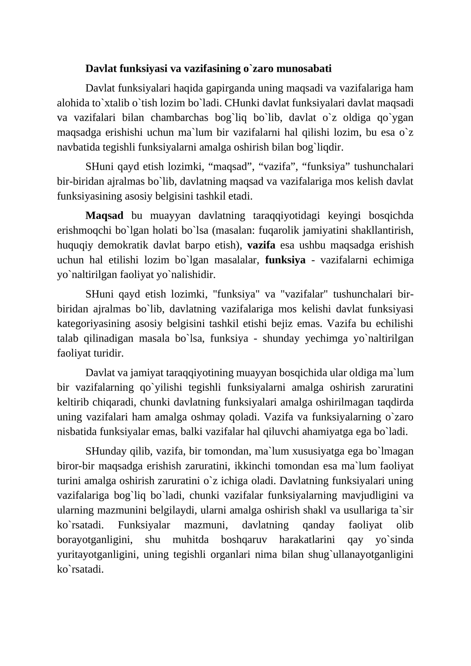 Davlat funksiyasi va vazifasining ozaro munosabati