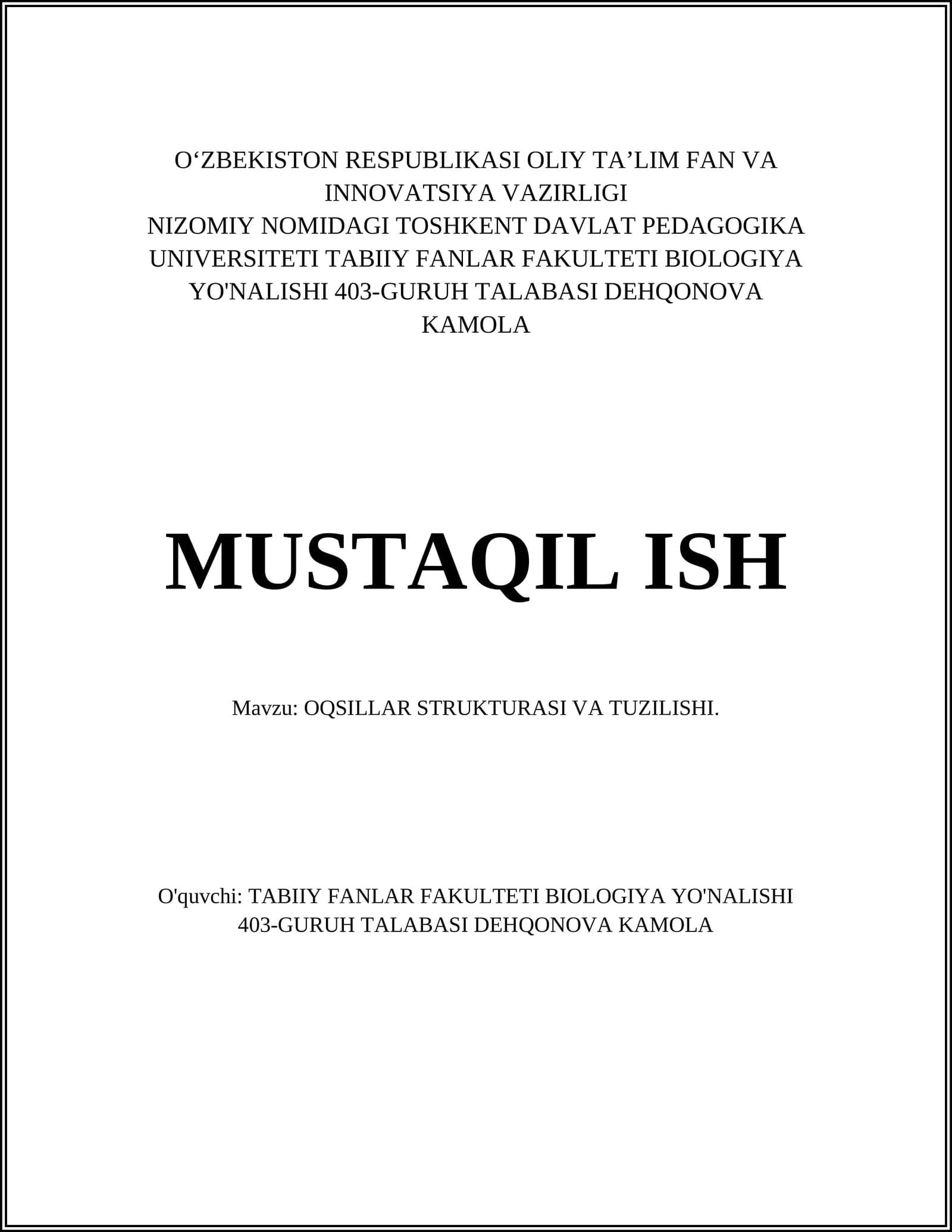 Oqsillar Strukturasi va Tuzilishi