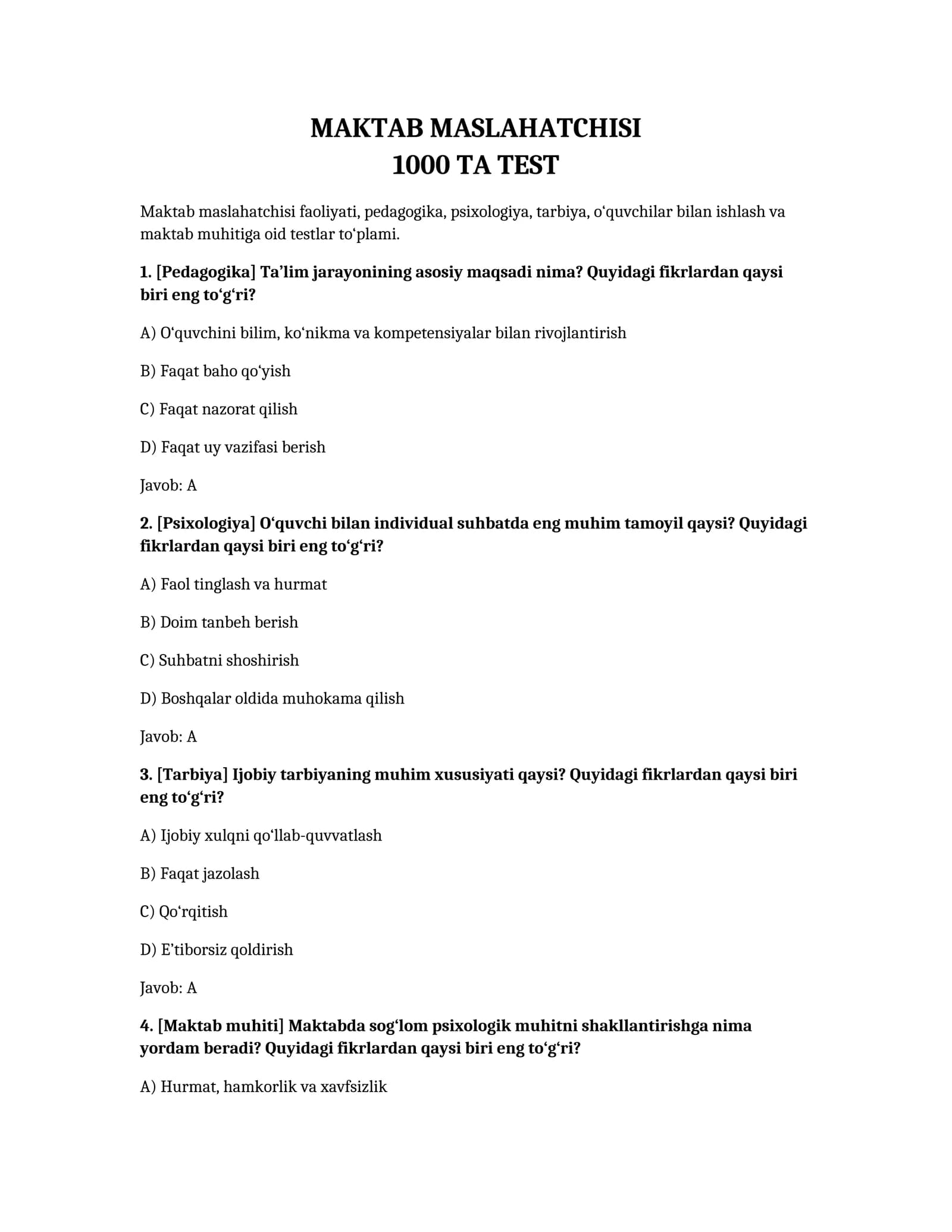 Maktab maslahatchisi 1000 ta test