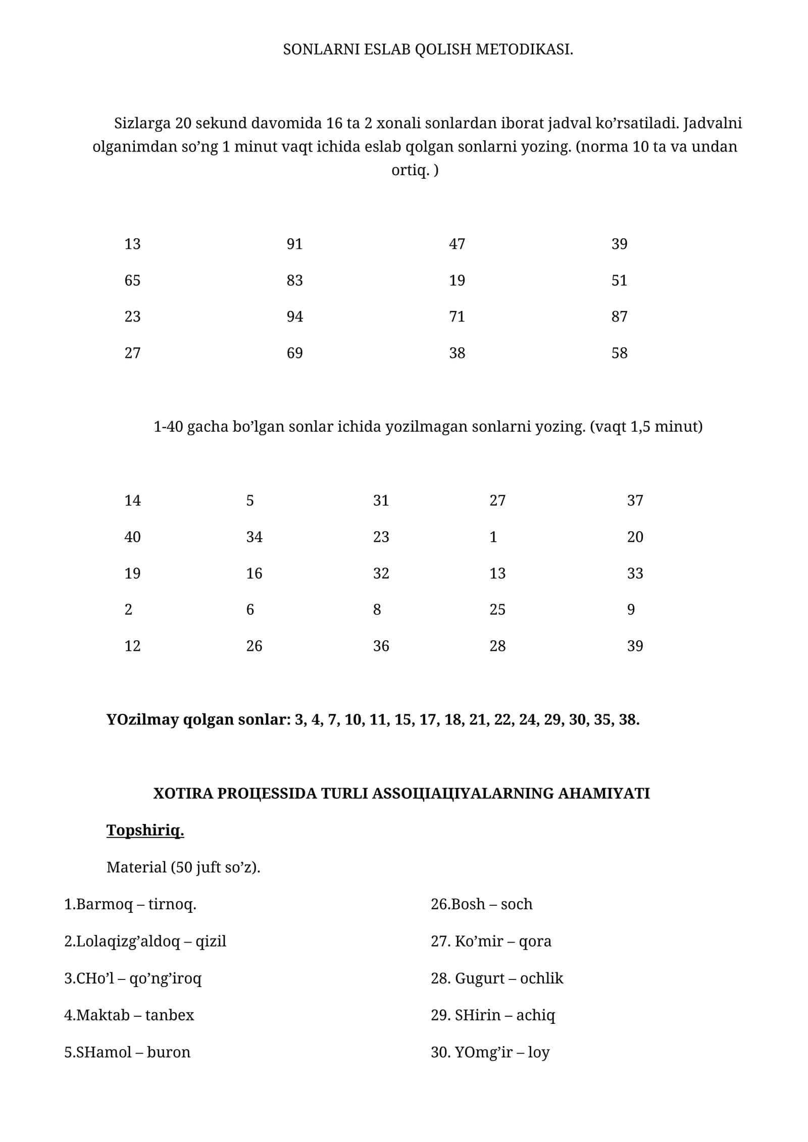 SОNLARNI ESLAB QОLISH MЕTОDIKASI