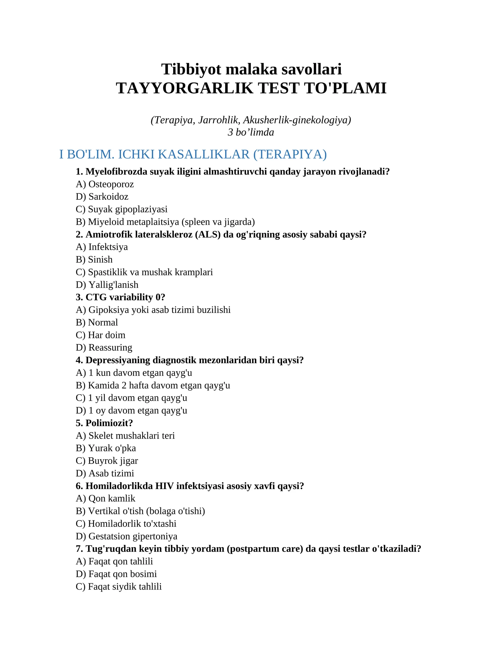 Tibbiyot malaka savollari
