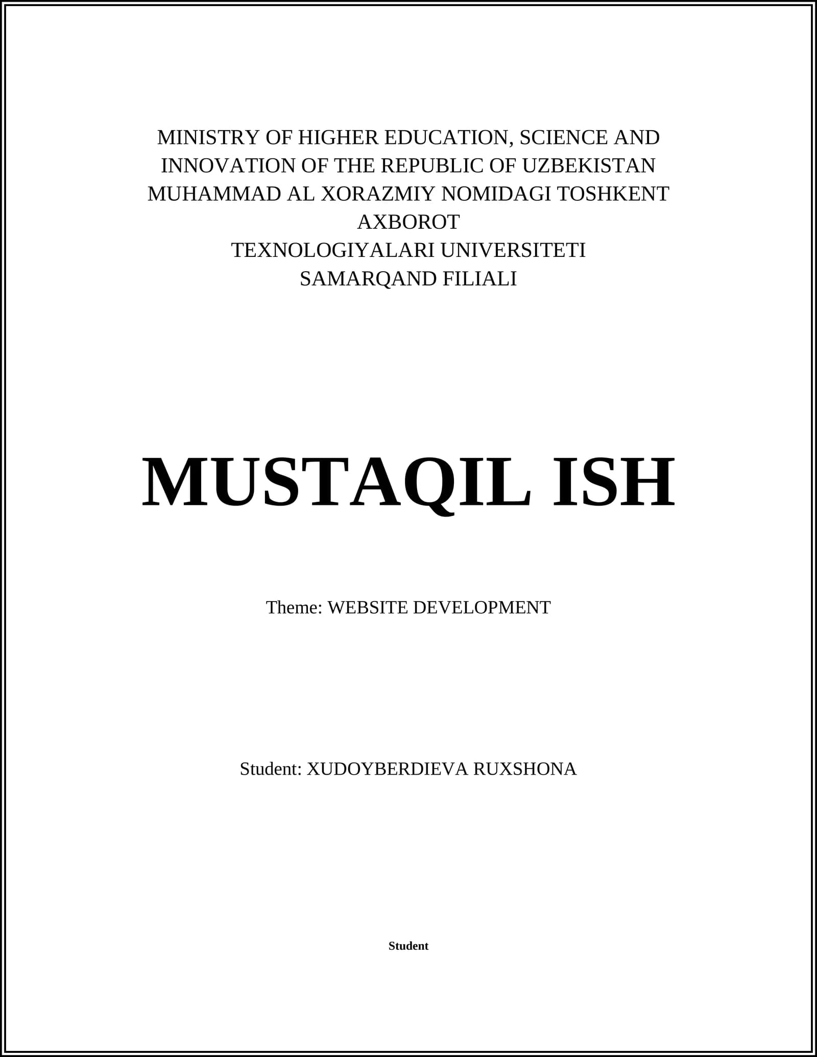 MUHAMMAD AL XORAZMIY NOMIDAGI TOSHKENT AXBOROT TEXNOLOGIYALARI UNIVERSITETI SAMARQAND FILIALI