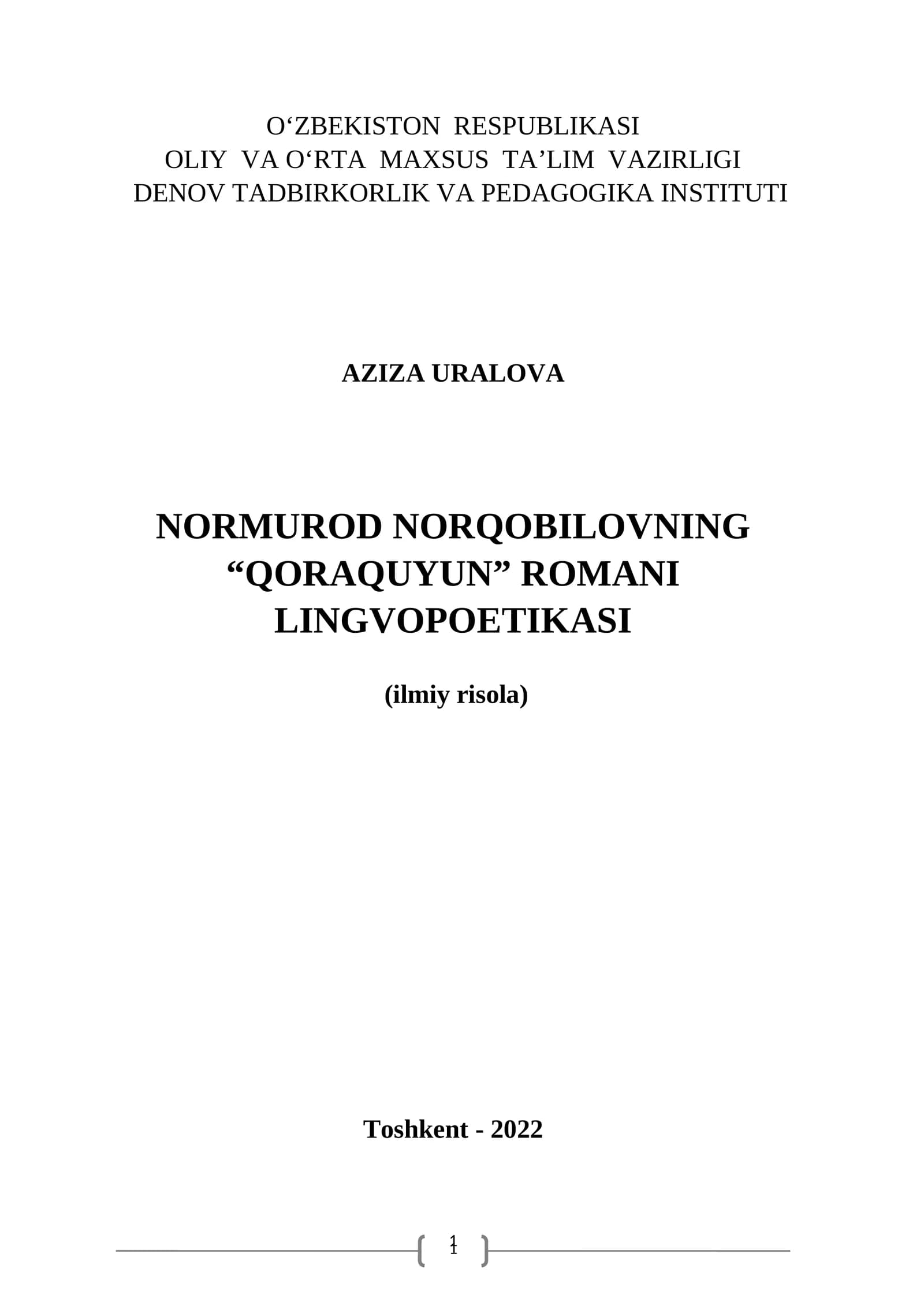 “Qoraquyun” ROMANI LINGVOPOETIKASI (ilmiy risola)