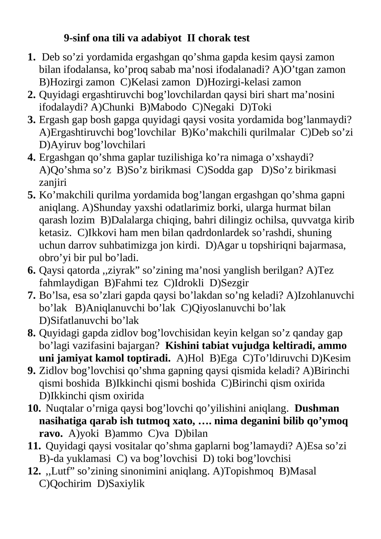 9-sinf ona tili va adabiyot II chorak test