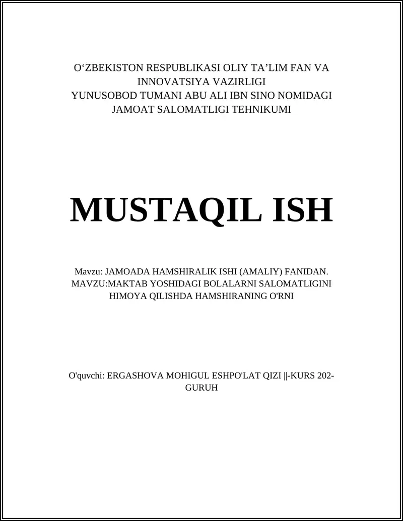 JAMOADA HAMSHIRALIK ISHI (AMALIY) FANIDAN