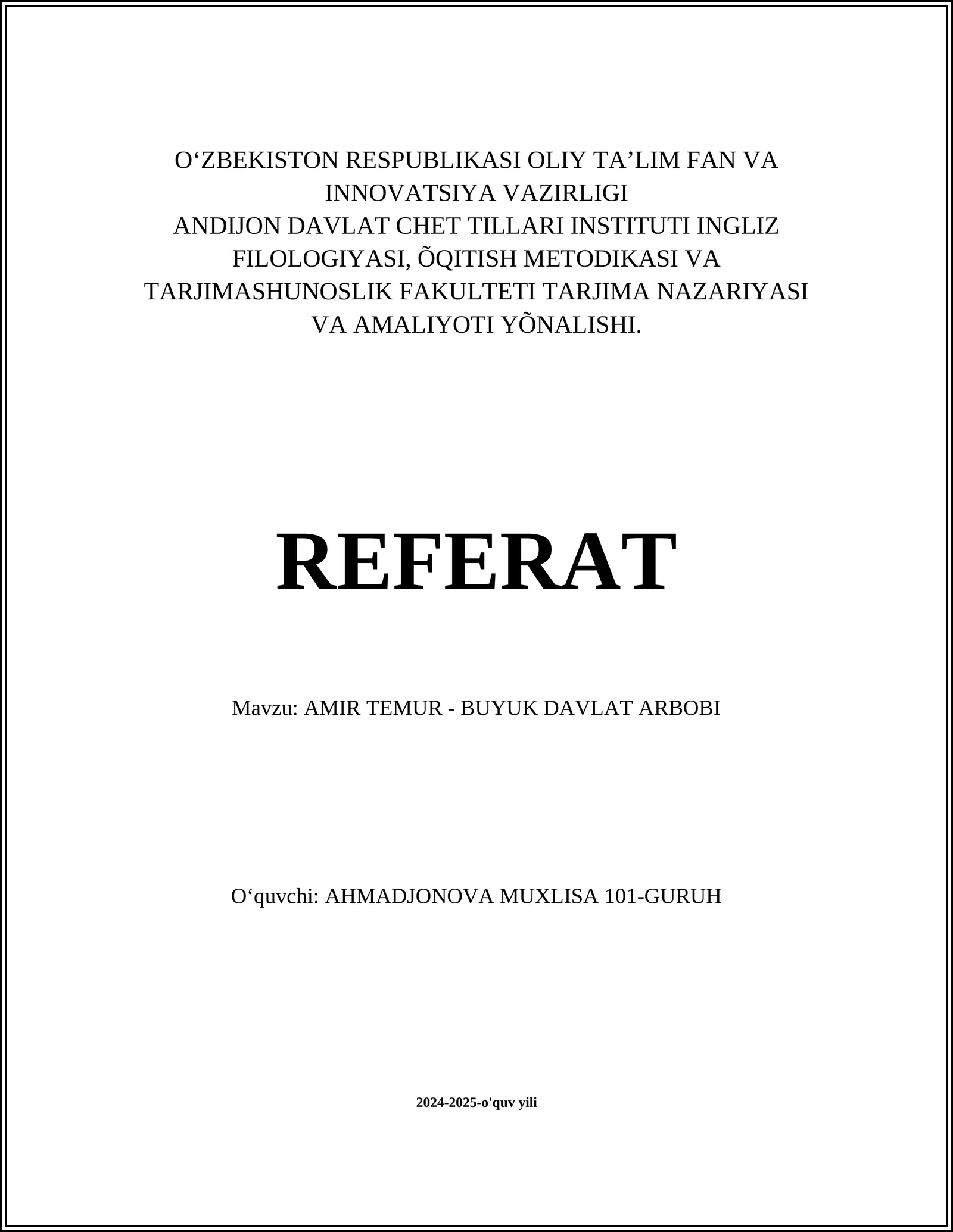 AMIR TEMUR - BUYUK DAVLAT ARBOBI