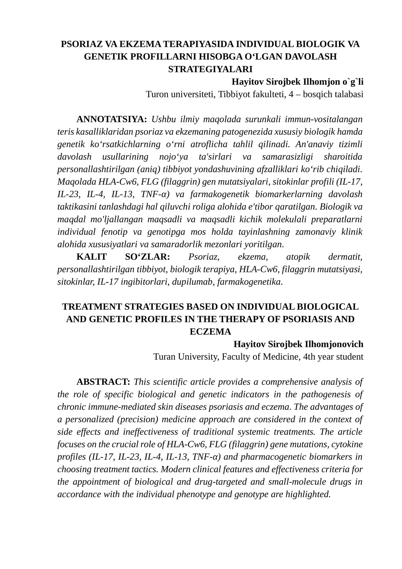 PSORIAZ VA EKZEMA TERAPIYASIDA INDIVIDUAL BIOLOGIK VA GENETIK PROFILLARNI HISOBGA O‘LGAN DAVOLASH STRATEGIYALARI