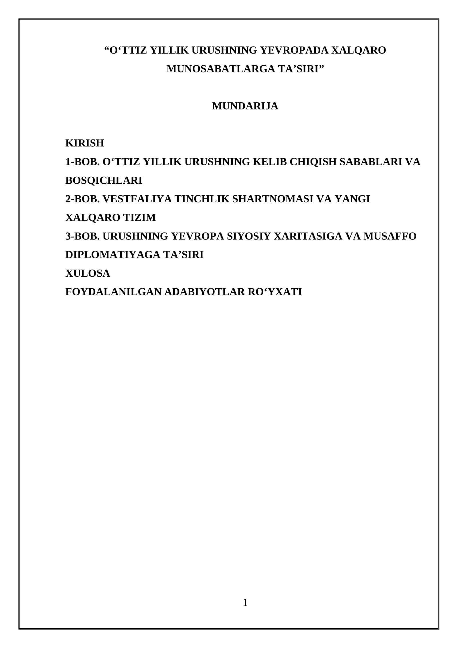 O‘TTIZ YILLIK URUSHNING YEVROPADA XALQARO MUNOSABATLARGA TA’SIRI