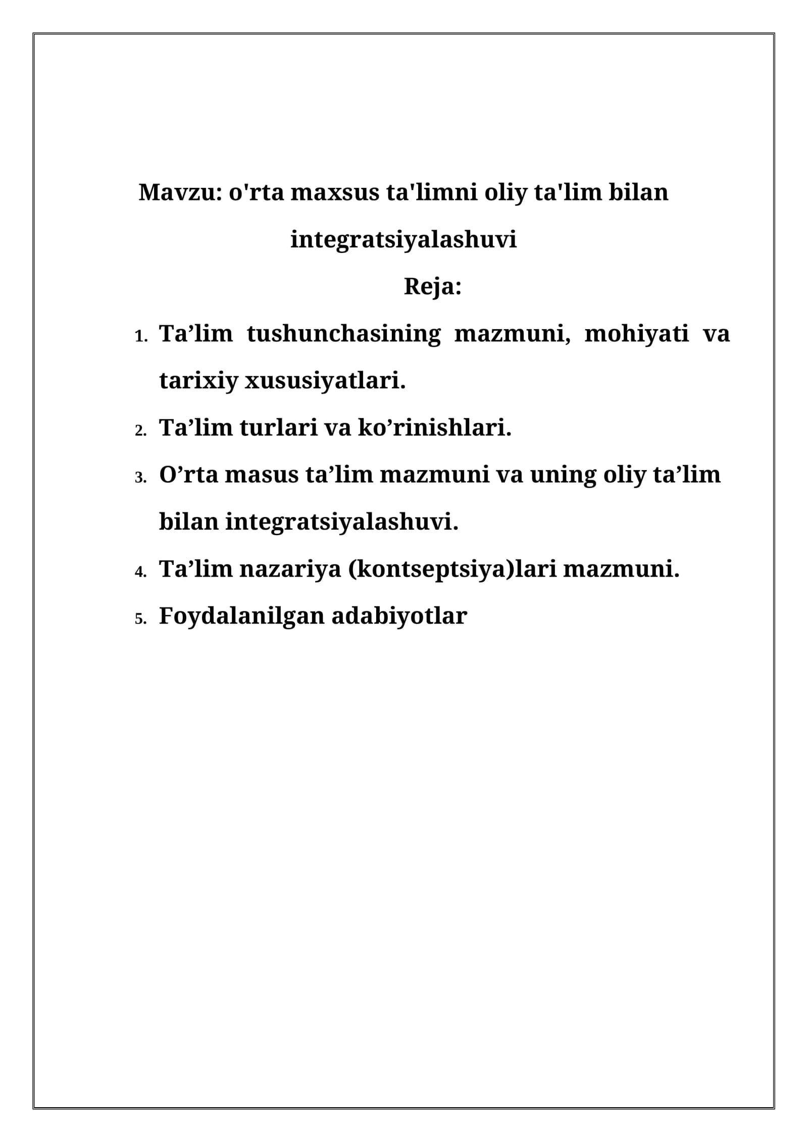 O'rta maxsus ta'limni oliy ta'lim bilan integratsiyalashuvi