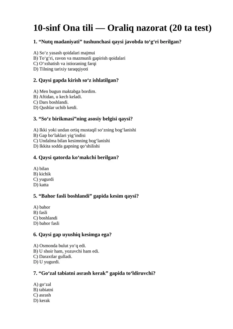 10-sinf Ona tili — Oraliq nazorat (20 ta test)