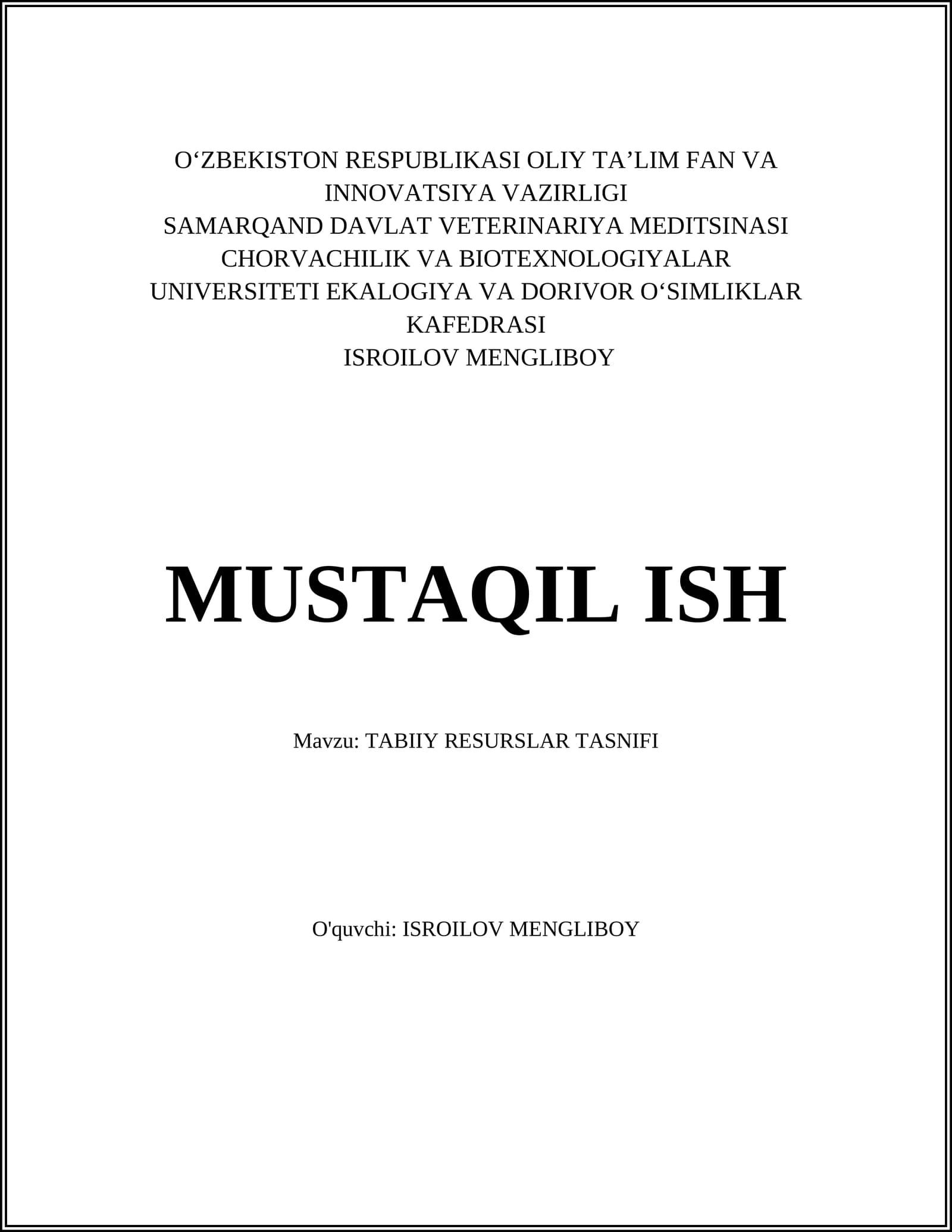 TABIIY RESURSLAR TASNIFI