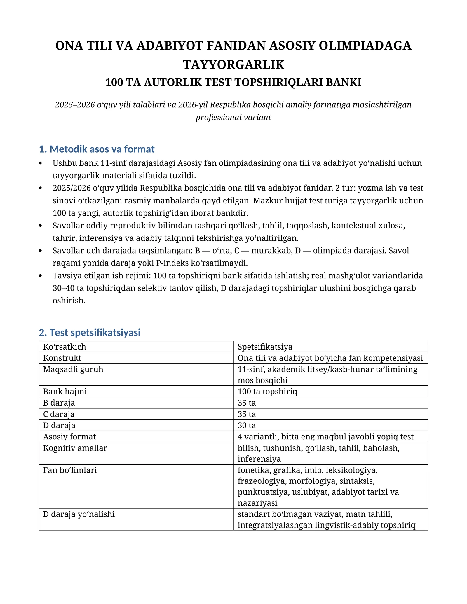 ONA TILI VA ADABIYOT FANIDAN ASOSIY OLIMPIADAGA TAYYORGARLIK 100 TA  TEST TOPSHIRIQLARI BANKI