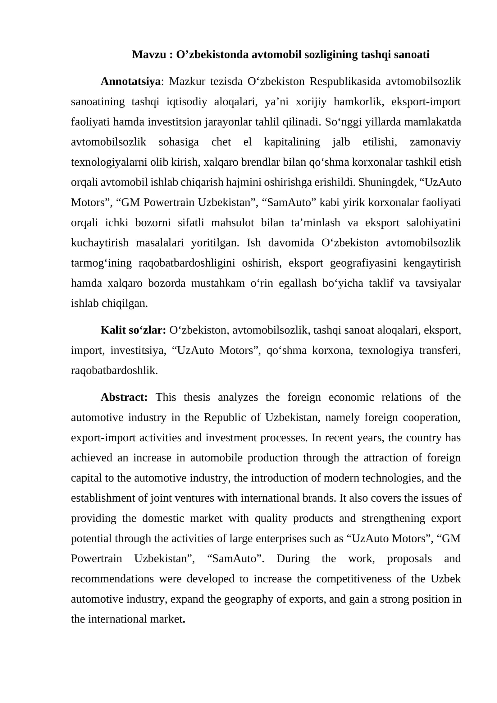 O’zbekistonda avtomobil sozligining tashqi sanoati