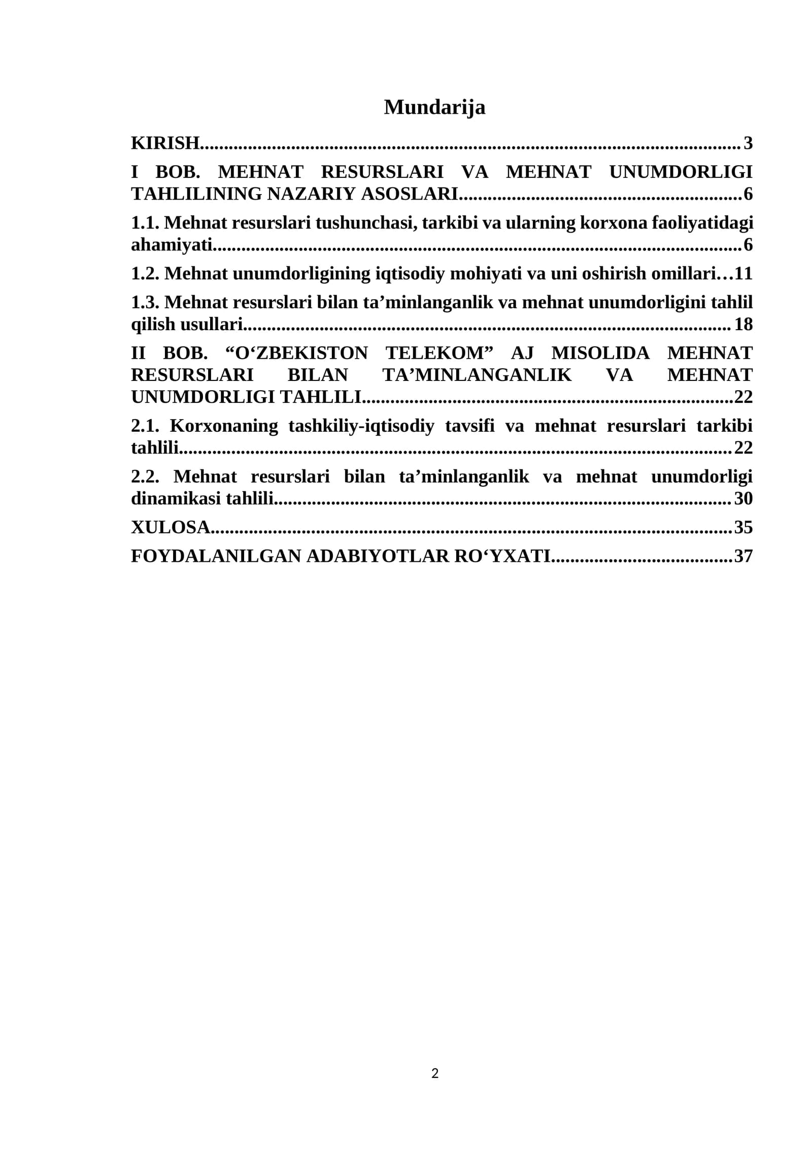 MEHNAT RESURSLARI VA MEHNAT UNUMDORLIGI TAHLILI