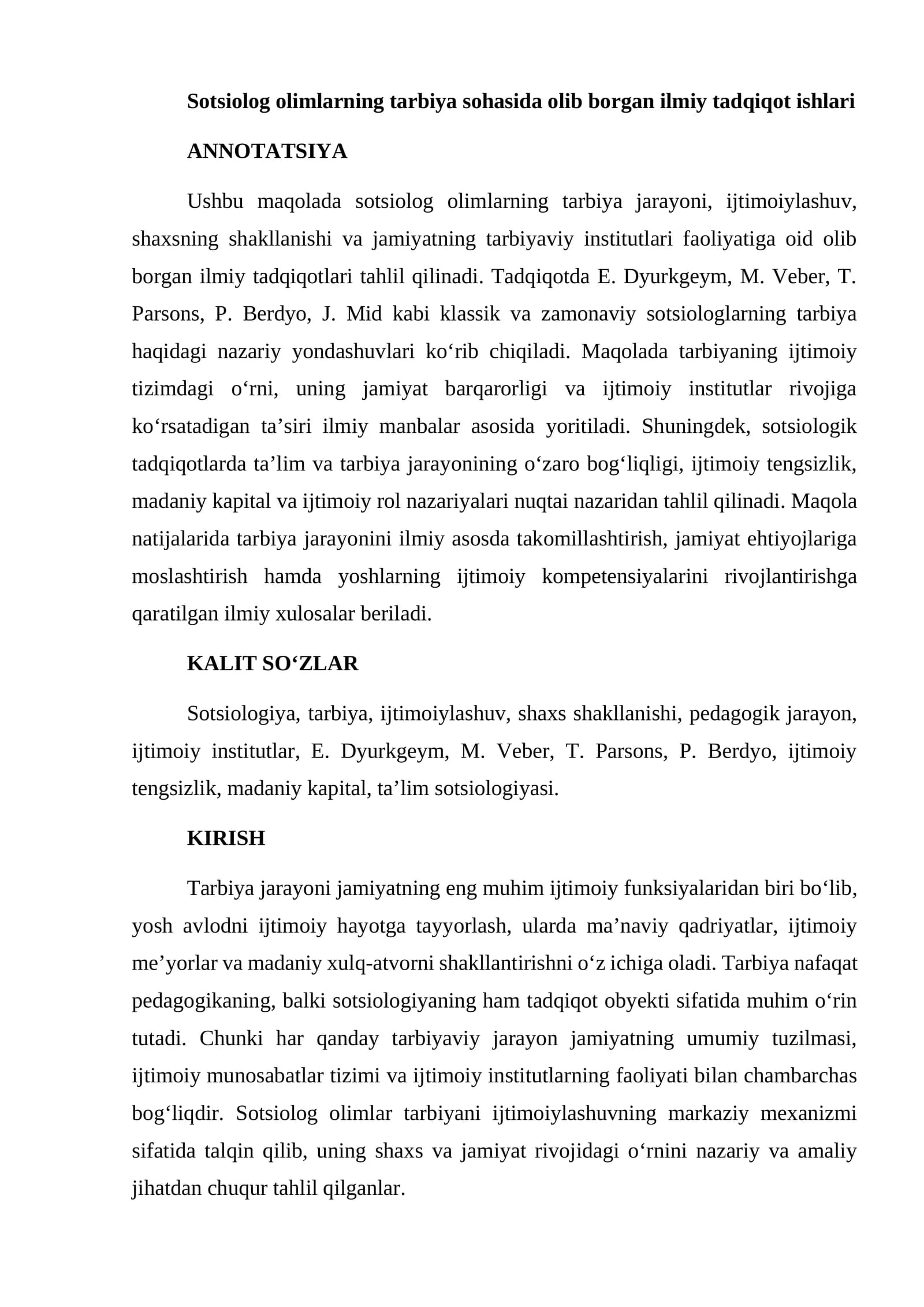 Sotsiolog olimlarning tarbiya sohasida olib borgan ilmiy tadqiqot ishlari