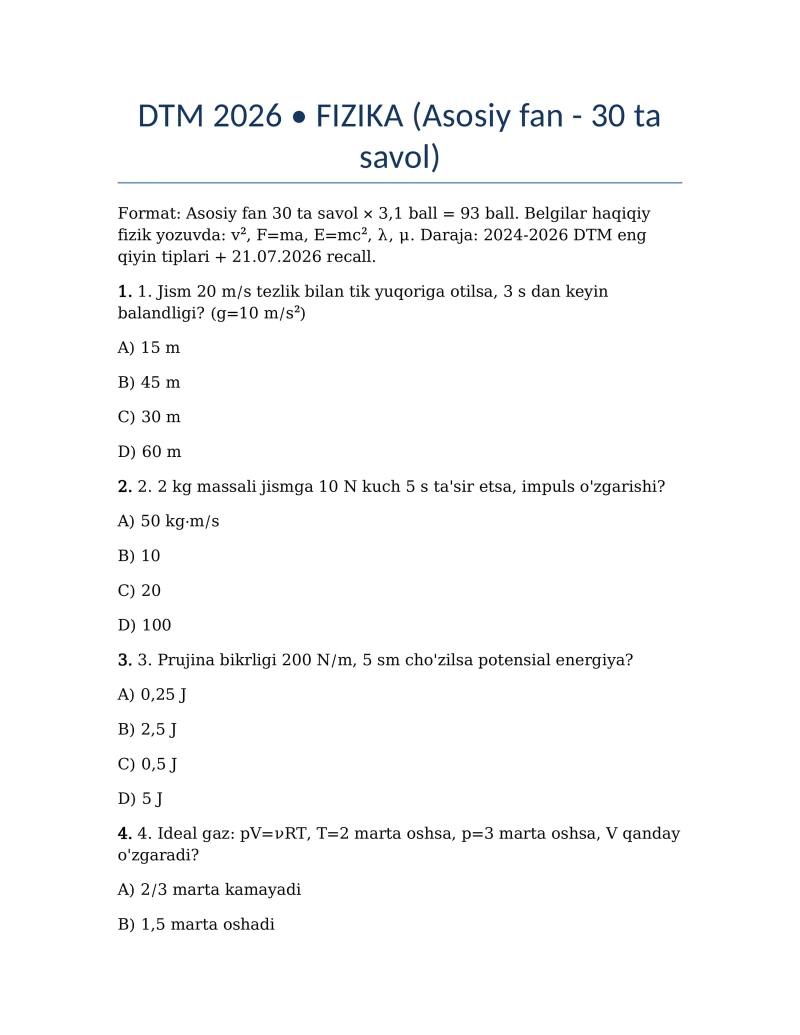 DTM 2026 • FIZIKA (Asosiy fan - 30 ta savol)