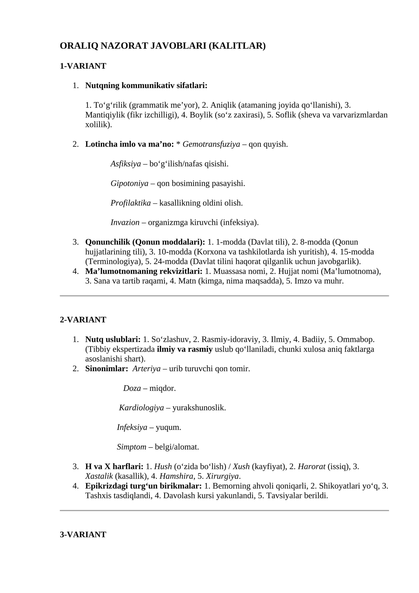 ORALIQ NAZORAT JAVOBLARI (KALITLAR)