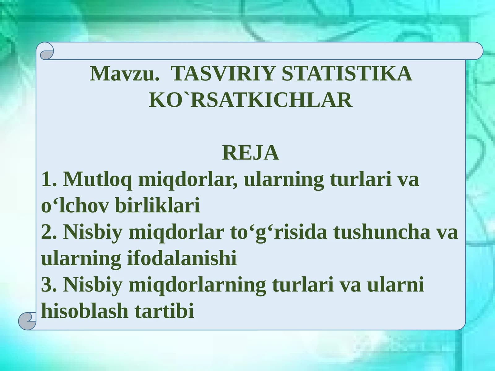 TASVIRIY STATISTIKA KO`RSATKICHLAR