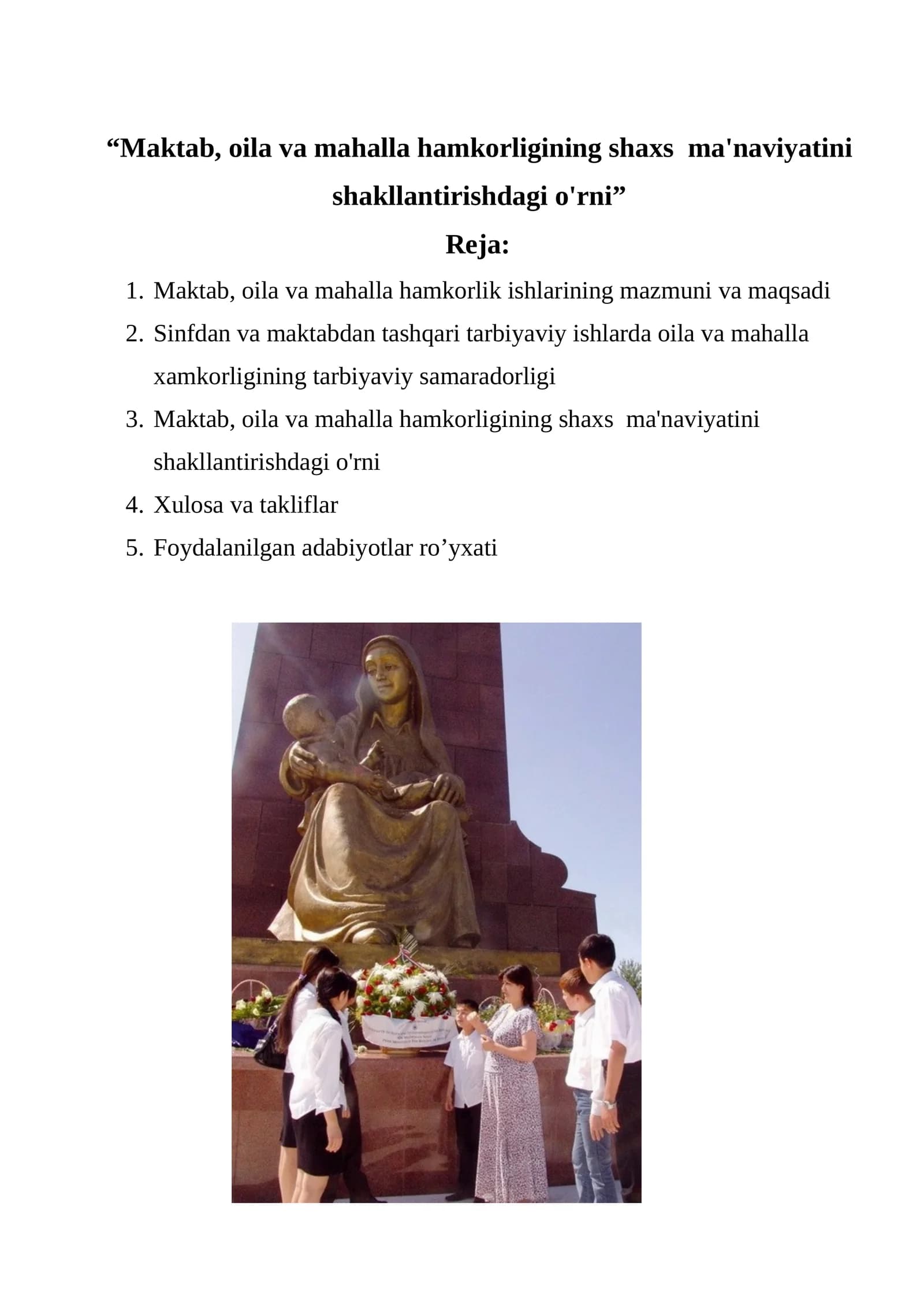 MAKTAB, OILA VA MAHALLA HAMKORLIK ISHLARINING MAZMUNI