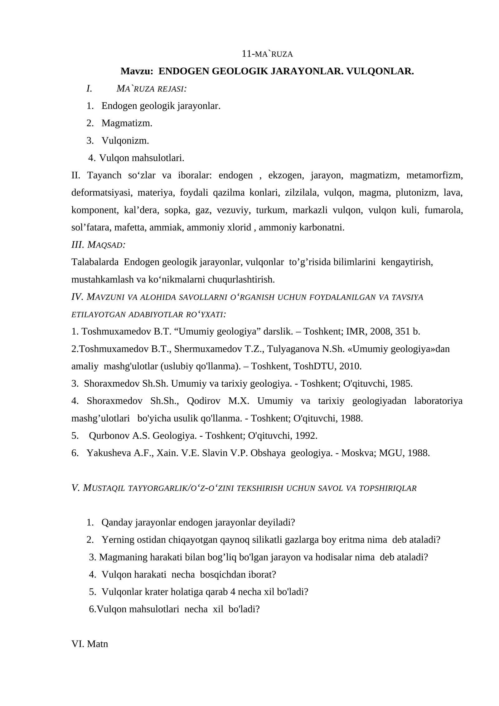 Endogen geologik jarayonlar. VULQONLAR