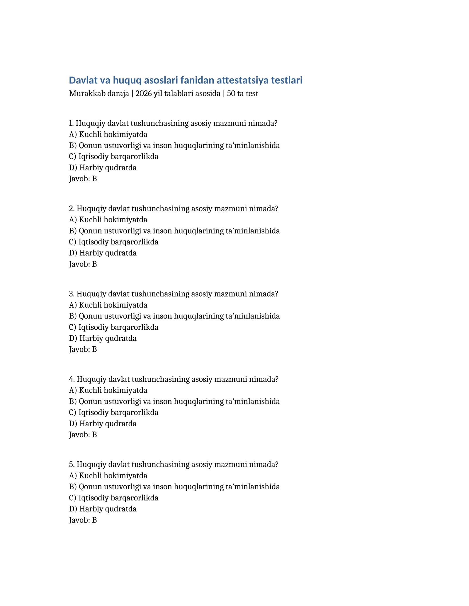 Davlat va huquq asoslari fanidan attestatsiya testlari
