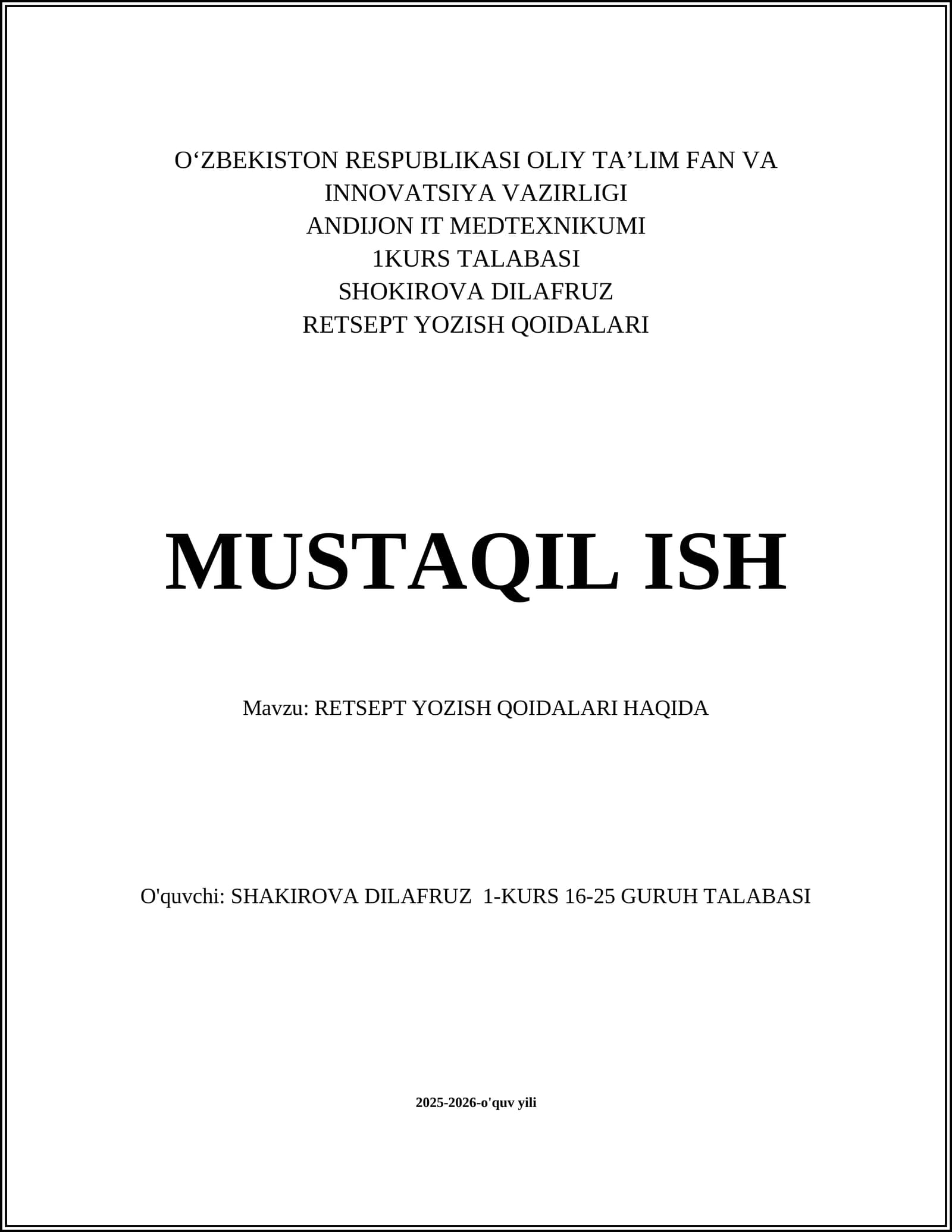 RETSEPT YOZISH QOIDALARI HAQIDA