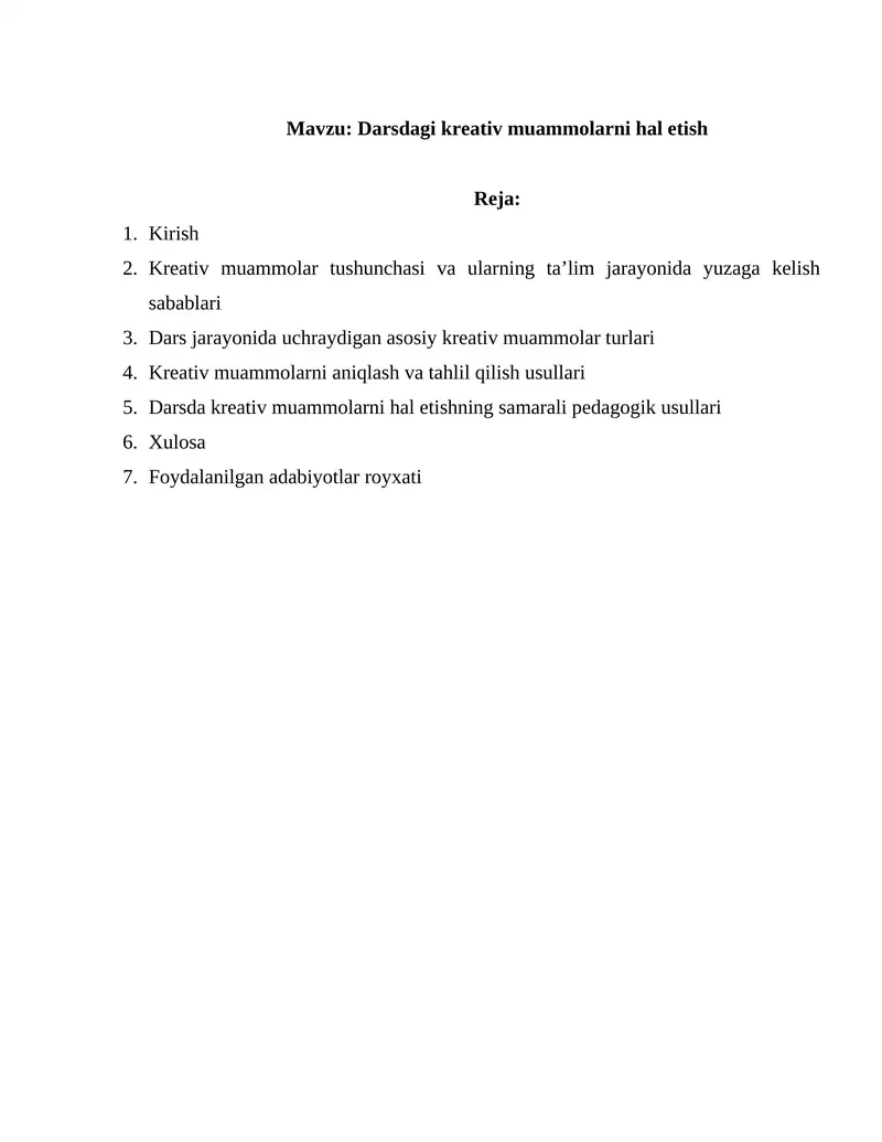 Darsdagi kreativ muammolarni hal etish