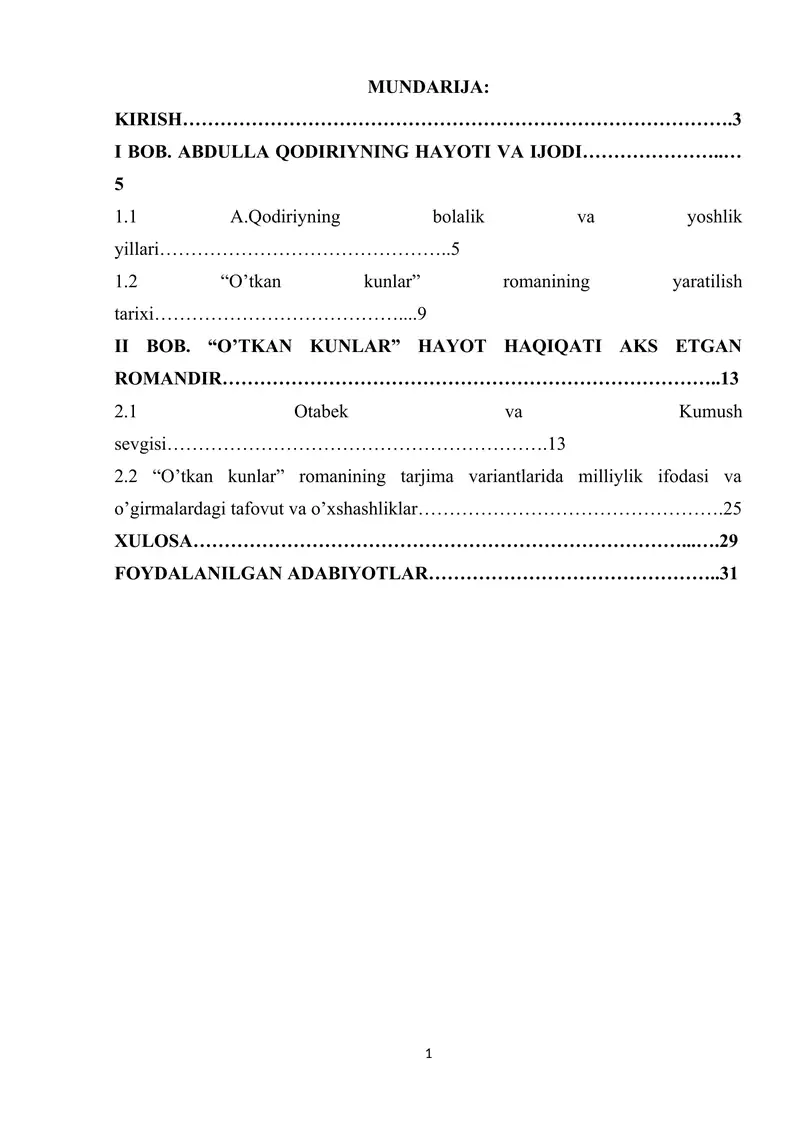 Abdullah Qodiriyning "O’tkan kunlar" romani