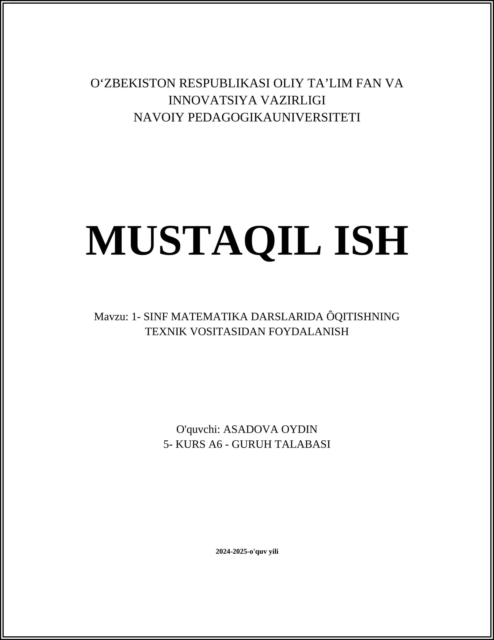 SINF MATEMATIKA DARSLARIDA ÔQITISHNING TEXNIK VOSITASIDAN FOYDALANISH